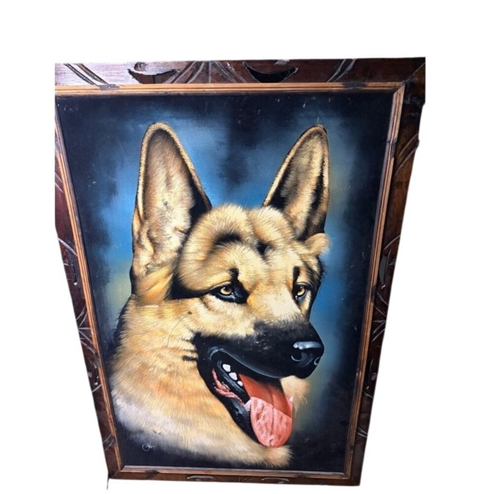 Vintage Mexican German Shepherd Black Velvet Painting Signed Carved Wood Frame
